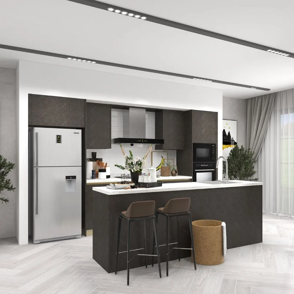 Official Signature kitchen design with a central island and dark cabinetry